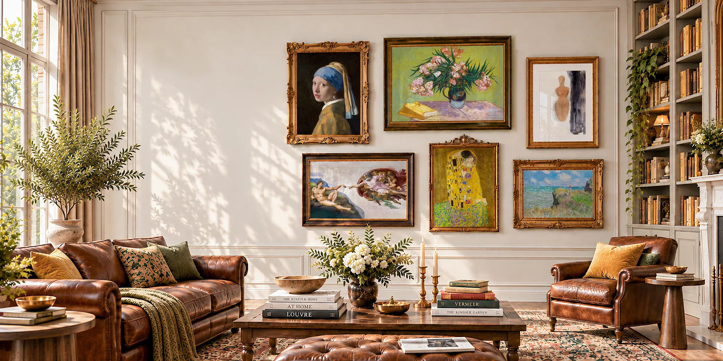 A gallery wall of six framed prints above a sofa in a warm living room